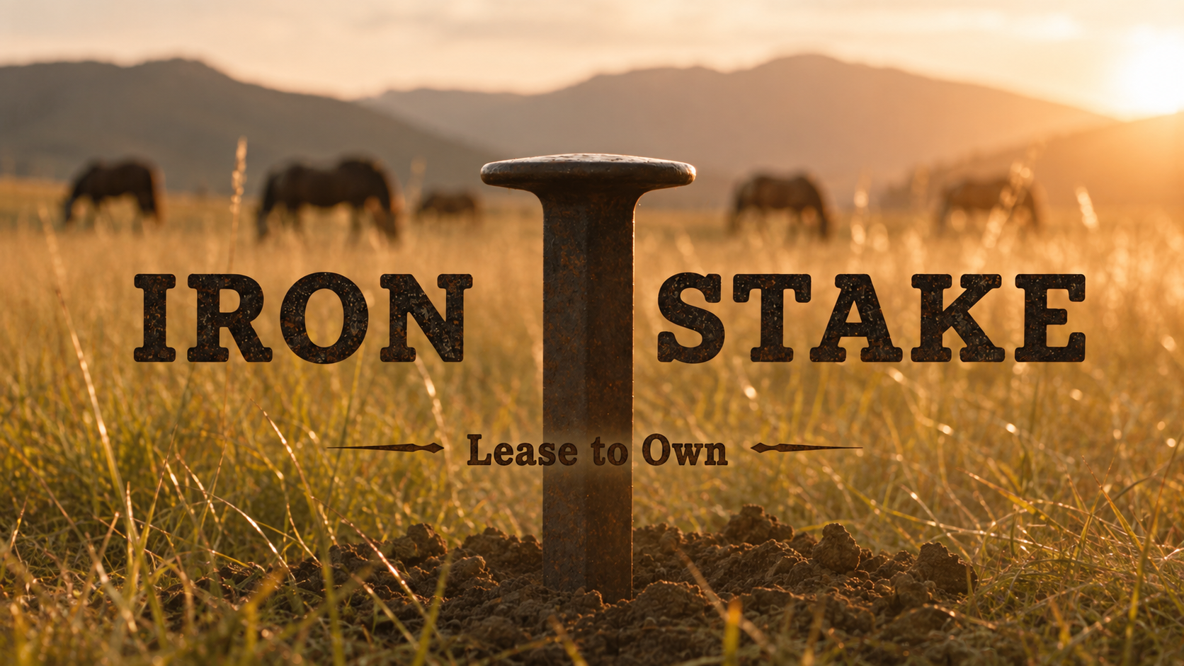 Iron Stake — Lease to Own: a rusted iron survey stake in golden Montana grassland at sunset